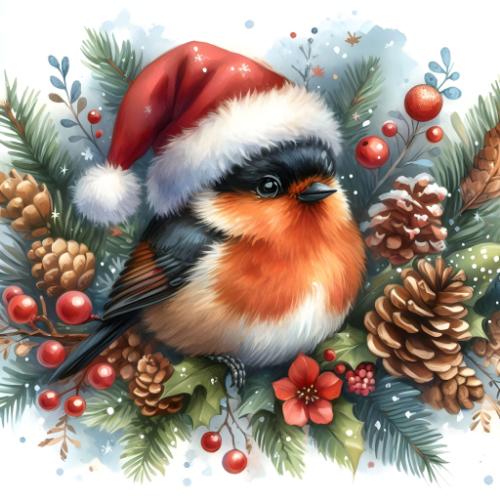 Festive Robin with Santa Hat Christmas Card