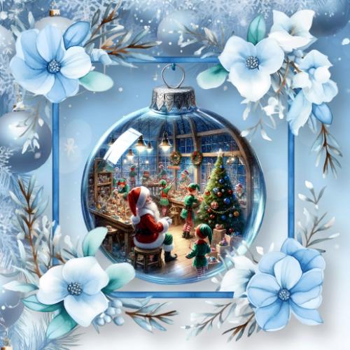 Santa and Elves in Workshop Bauble Christmas Card