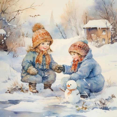 Children Building a Snowman Christmas Card