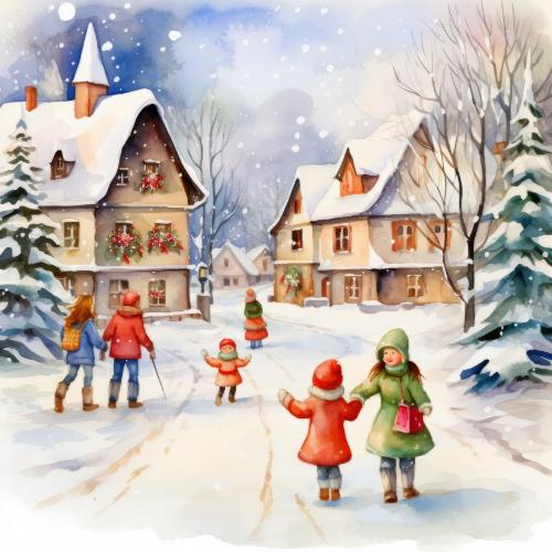 Village Street with Festive Families Christmas Card