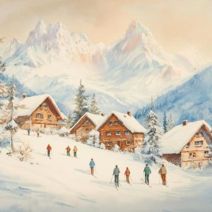 Ski Lodge and Mountain Scene Christmas Card
