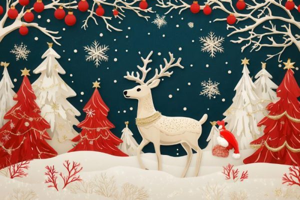 White Reindeer and Red Trees Christmas Card