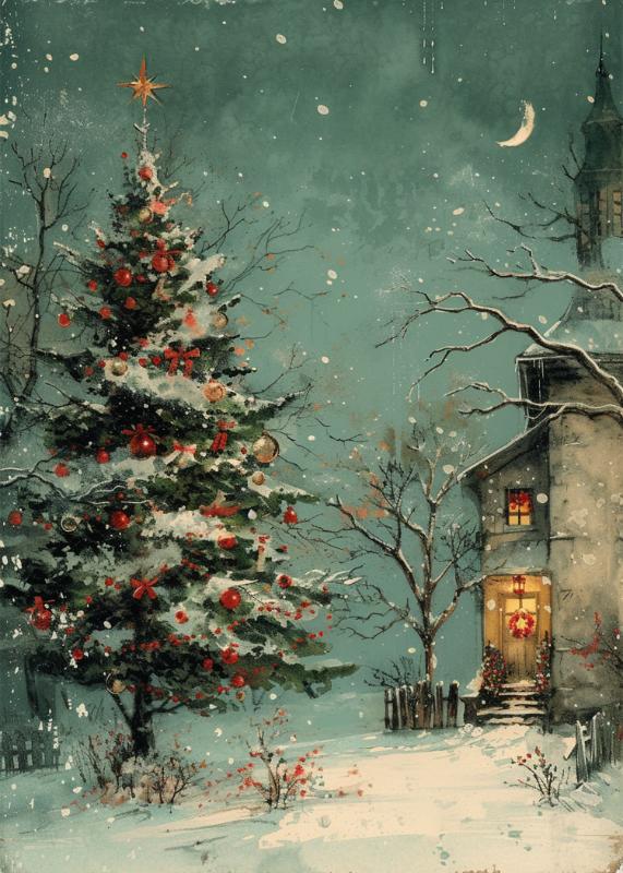 Snowy Tree and Cottage Scene Christmas Card