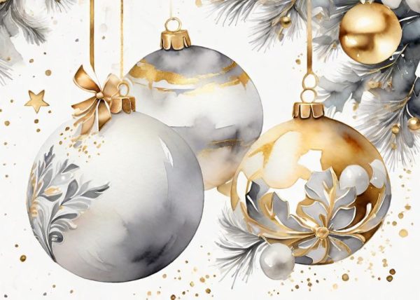 Gold and Silver Baubles with Pine Christmas Card