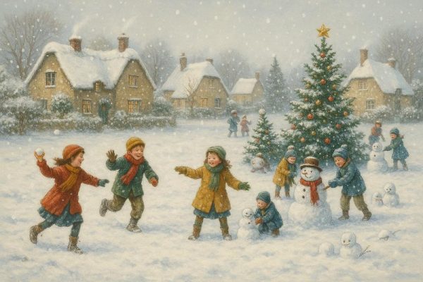 Children Playing in Snow Scene Christmas Card