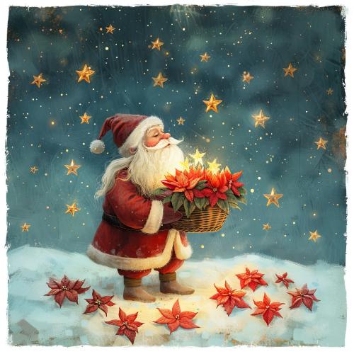 Santa with Basket of Poinsettias Christmas Card
