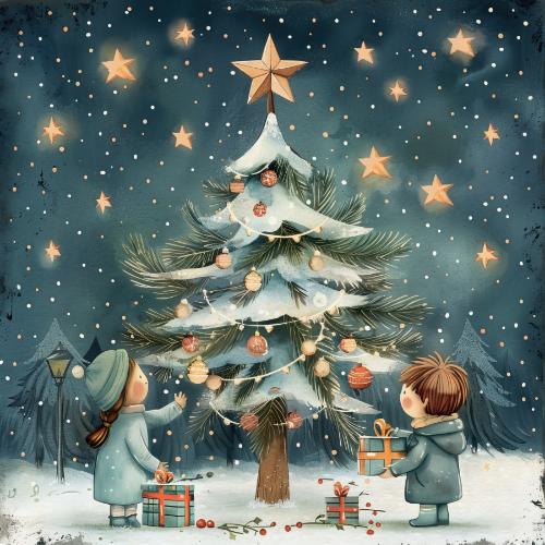 Children Decorating Christmas Tree Christmas Card