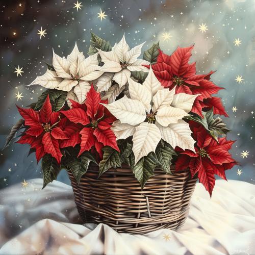 Basket of Red and White Poinsettias Christmas Card