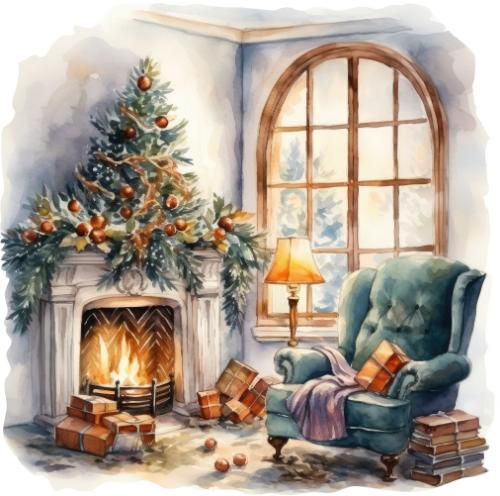 Cosy Fireplace with Christmas Tree Christmas Card
