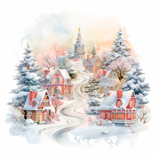 Snowy Village with Church Christmas Card