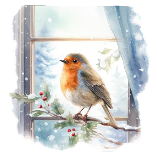 Robin on Holly Branch by Window Christmas Card