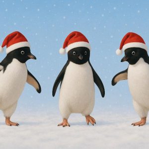 Dancing Penguins in Santa Hats Christmas Card