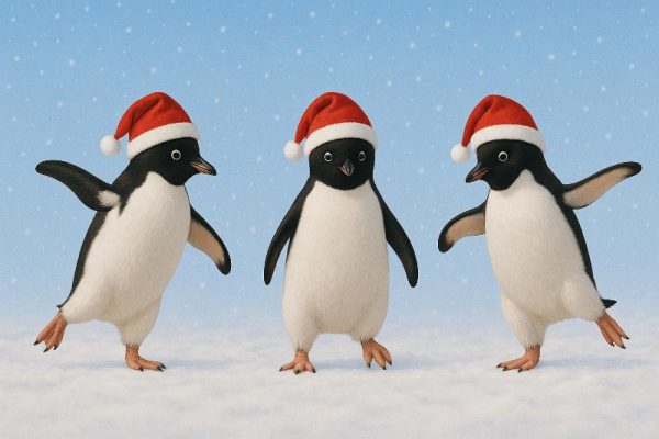 Dancing Penguins in Santa Hats Christmas Card