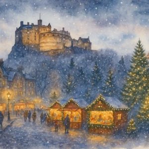 Edinburgh Castle and Market Snowy Scene Christmas Card