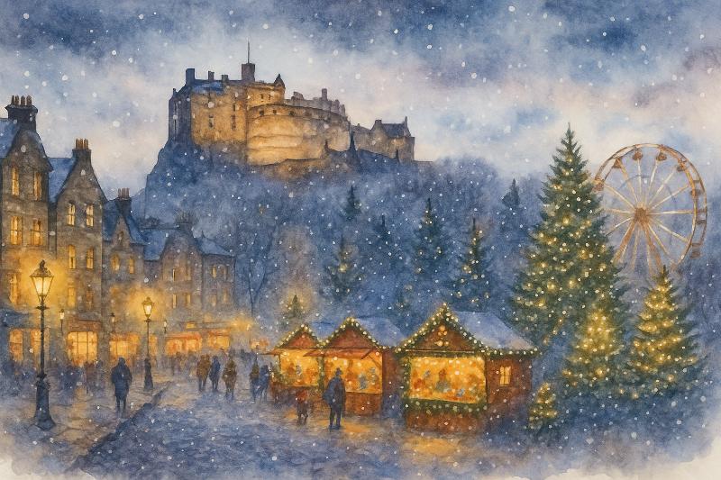 Edinburgh Castle and Market Snowy Scene Christmas Card