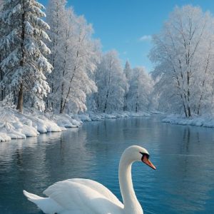 Elegant Swan on Snowy Winter River Christmas Card