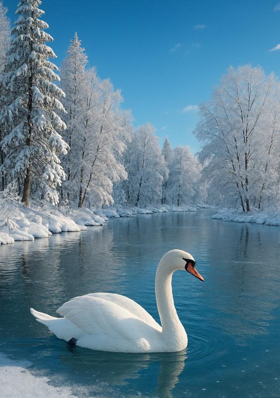 Elegant Swan on Snowy Winter River Christmas Card