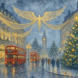 London Buses and Christmas Lights Christmas Card