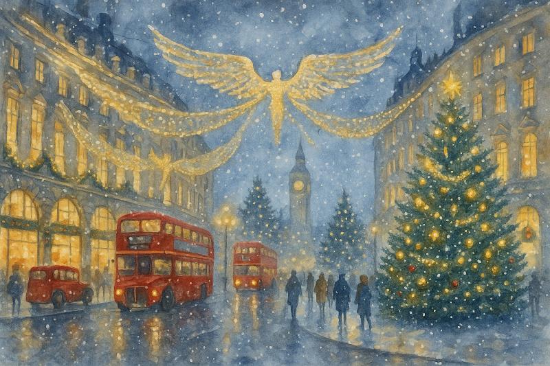 London Buses and Christmas Lights Christmas Card