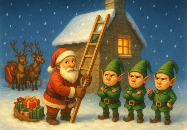 Santa with Cheeky Elves Christmas Card