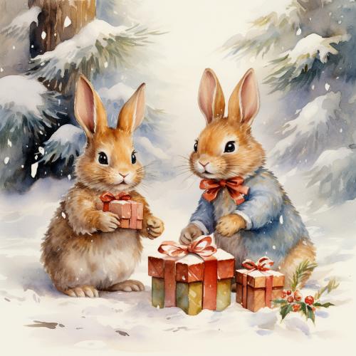 Rabbits Exchanging Festive Gifts Christmas Card