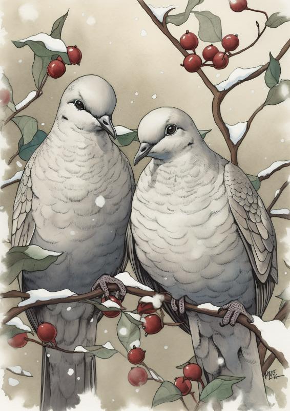 Pair of Doves with Holly Design Christmas Card