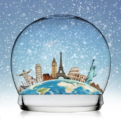 Landmarks in Snow Globe Scene Christmas Card