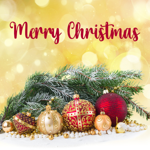 Golden Ornaments and Pine Display Christmas Card