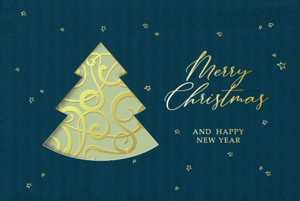 Golden Tree on Starry Teal Sky Christmas Card
