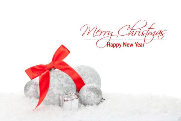 Silver Baubles with Red Bow Christmas Card