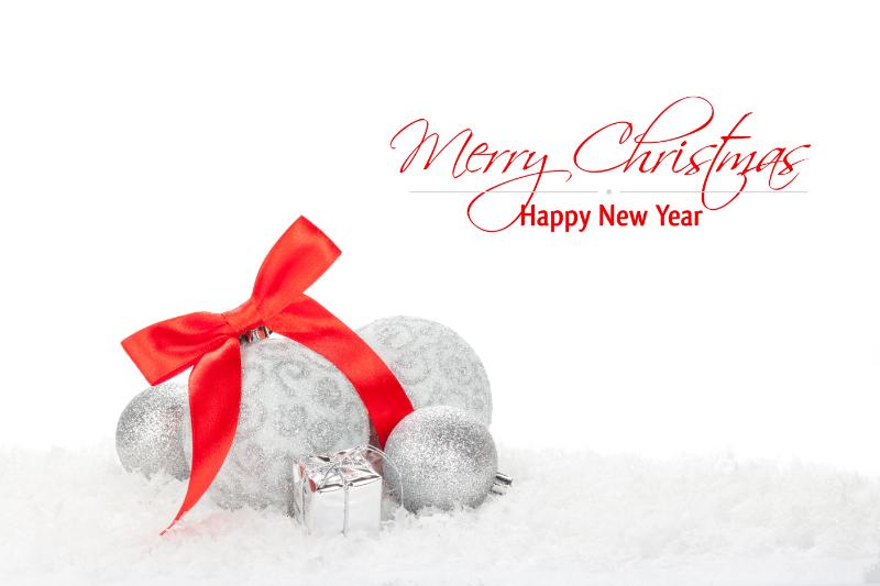 Silver Baubles with Red Bow Christmas Card
