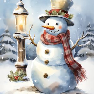 Snowman by Lamp Christmas Card