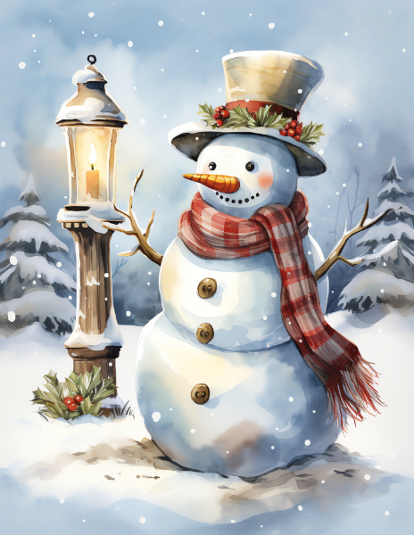 Snowman by Lamp Christmas Card