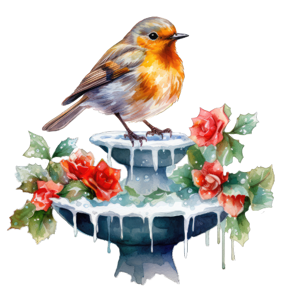 Water Fountain Robin Christmas Card