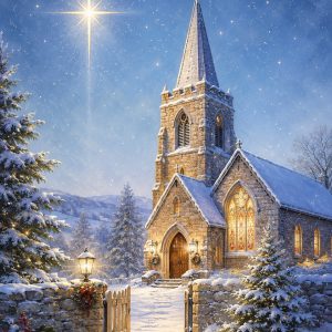 Snowy Church and Christmas Star