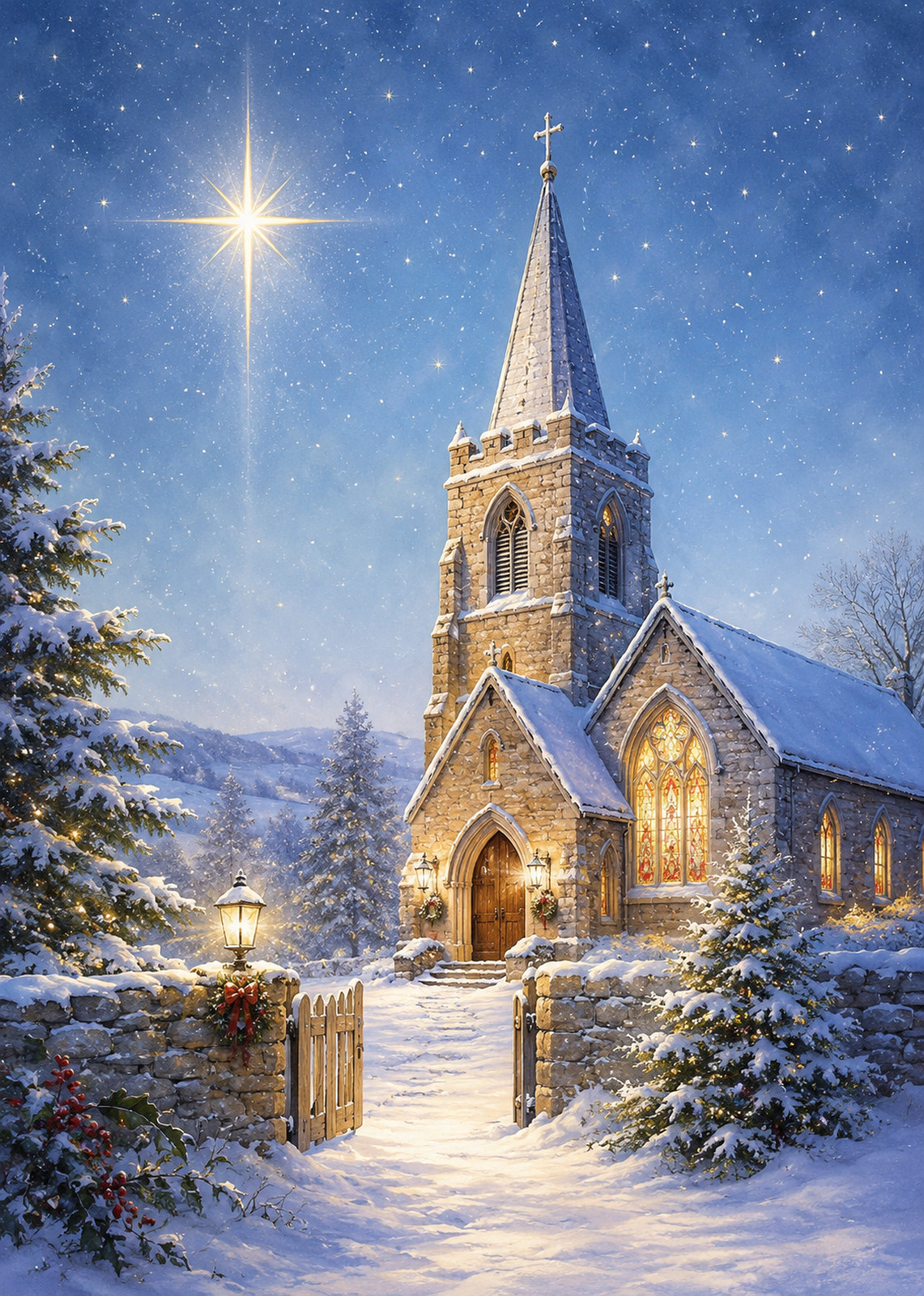 Snowy Church and Christmas Star