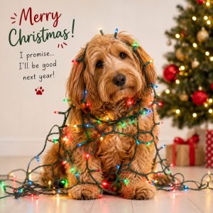 Dog Tangled in Christmas Lights