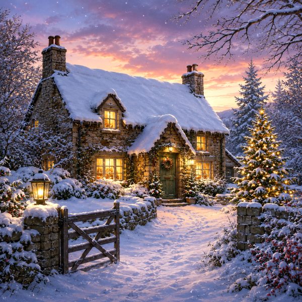Snowy Cottage at Dusk