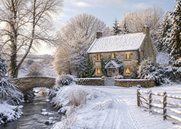 Snowy Cottage by the Stream