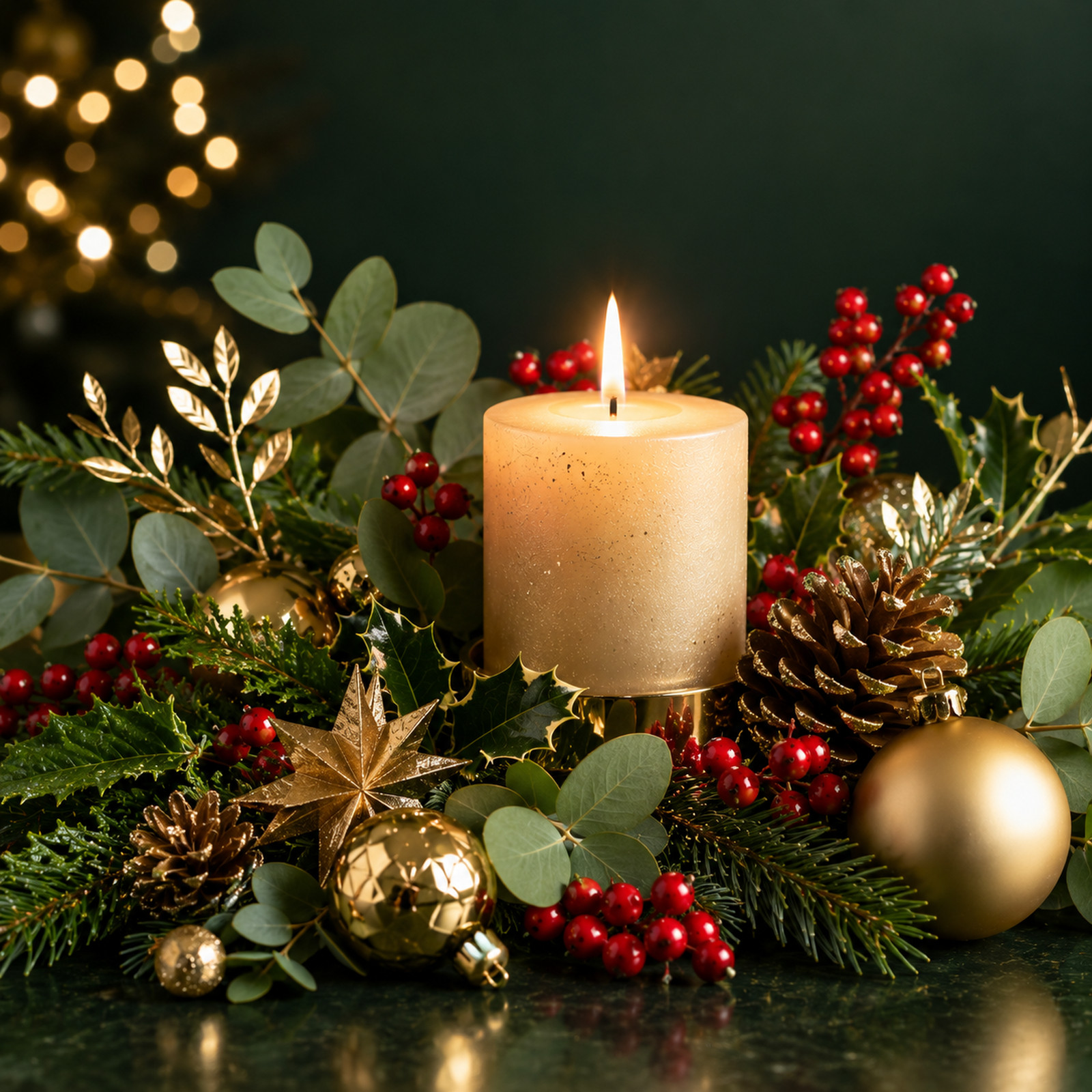 Candle and Winter Foliage