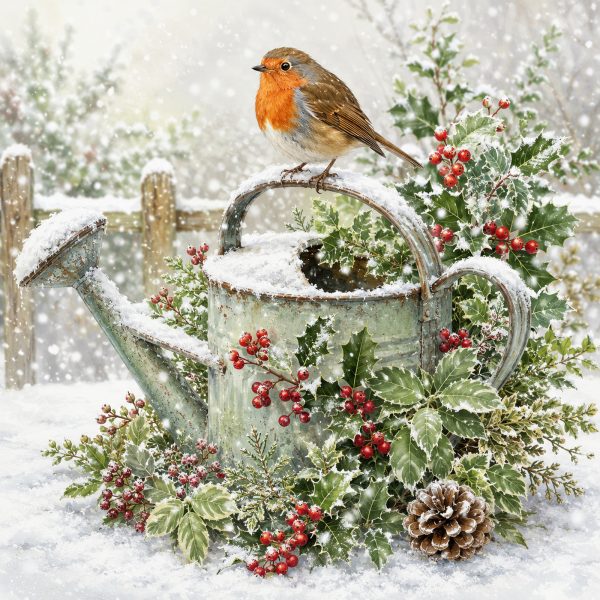 Robin on a Snowy Watering Can